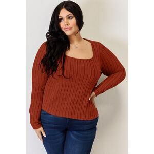 BASIC BAE Rust Ribbed Scoop Neck Long Sleeve Casual Top NEW